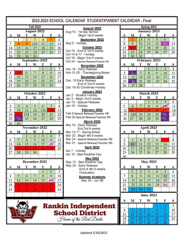 2022-2023 School Calendar | Rankin Independent School District